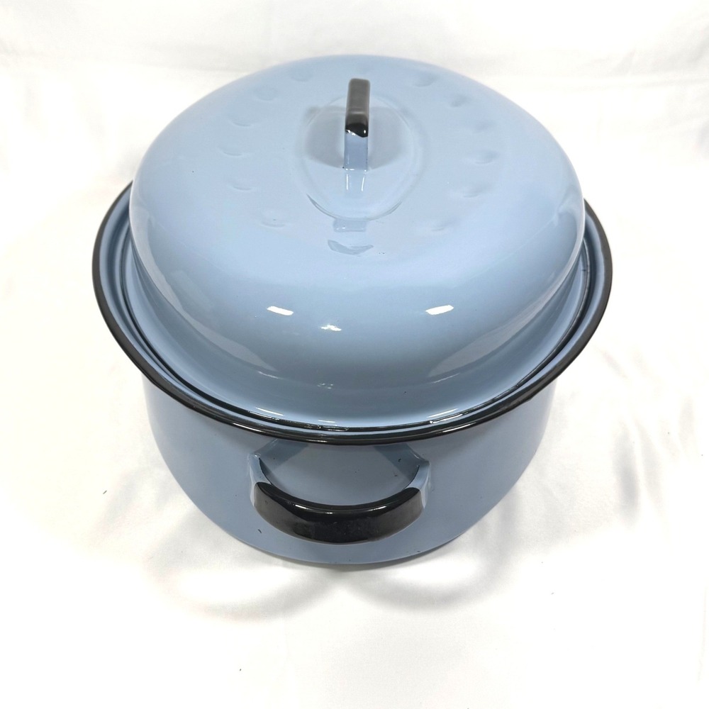 Vintage Enamelware Oval Roasting Pan with Lid Blue Farmhouse Large 16.5in Roastr - Picture 2 of 14